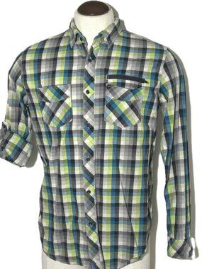 Ocean Current Men's Plaid Cotton Shirt Long Tab Sleeves sz Medium Chest Pockets